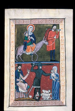 Joseph, carrying a stick with a cloth over it, leads the ass; Mary rides the ass, supporting with her covered right hand the Christ-child, while holding her left hand in front of her chest; the child stretches his right arm forward in blessing and holds a closed scroll in his left.