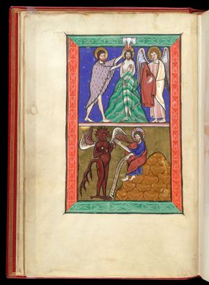 John the Baptist stands at Christ's right, touching his head and shoulder; the Holy Ghost, in the form of a dove, descends upon Christ, who holds his right hand in front of his chest; an angel holding Christ's clothes; fishes in the river.