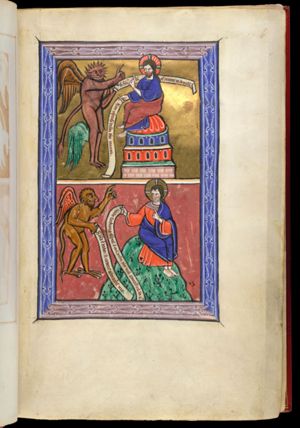 Satan - a devil in phantsy shape - with an inscribed scroll in his left hand, stretches his right arm forward in a speaking gesture, asking Christ, who sits on the roof with an inscribed scroll in his right hand, stretching his left hand forward in a speaking gesture, `throw yourself down' (from the temple).
