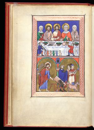 Christ - seen frontally, holding his left hand down with the palm in front view and his right hand in front of his chest making a gesture of speech - behind a table, with on his left Mary - her left hand in front of her chest in speaking gesture and receiving(?) a cup from a servant -; on Christ's right the architriclinus(?) touching a bread-roll(?) and the bride, who is holding a cup in her left hand and holds her right hand down in a pointing gesture; to Mary's left the groom holding a fish with his right and with his left hand in front of his chest, making a gesture of speech; a man pours water into one of six jars in front of the table.