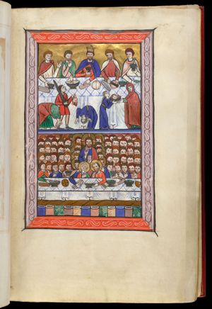 king Herod Antipas, holding a cup in his right and touching a bread-roll(?) with his left, behind a table, accompanied by four men, two of whom are holding a cup; a third holds a piece of bread in front of his mouth with his right and holds a fish with his left; the fourth one slices a loaf of bread; in front of the table (conflated): the executioner, carrying a sword, brings the head of the Baptist, whose beheaded body is falling forward on the left, to Salome, who is dancing during the banquet; to the right: Salome brings the head on a dish to her mother Herodias, who receives it with both hands stretched forward.