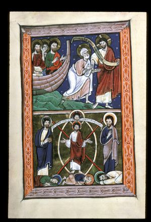 Christ, seen in front view, holding an inscribed scroll in his left hand, seizes Peter's wrist with his right (a "second left hand"); Peter walks  towards him over the water with both arms stretched forward; three apostels in a boat, raising or stretching forward their arms.