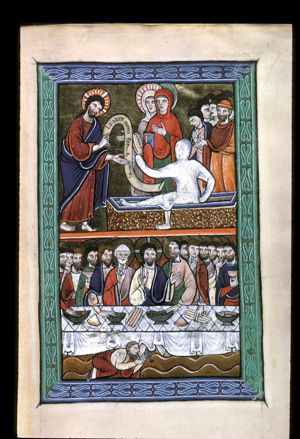 Christ, stretching both hands forward, making a speaking gesture with his right in which he also holds an inscribed scroll, to Lazarus, who sits in the sarchophagus wrapped in a shroud, stretching his right arm forward, and with his left leg outside the tomb; behind the tomb are Mary, holding a book in her covered left hand, and with her right hand in front of her chest, and Martha stretching her hand towards Christ; to the right: a man with a cap putting his right hand forward; a second man with his right hand in front of his chest, with the palm in front view.