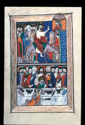two men, one in tower and one leaving the city-gate, spread their clothes in front of Christ, who rides on the ass from left to right and stretches his right arm forward in blessing; the apostles follow Christ, led by Peter, holding a pair of keys in his right hand, raising his left with the palm in front view.