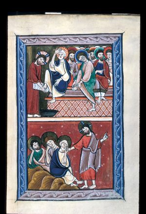 with the towel hanging from his girdle Christ wipes Peter's foot above a laver; Peter holds his left hand down and touches his head with his right; on the bench to Peter's left, John wipes his foot and another apostle holds his hand in front of his chest in a speaking gesture; between Peter and John, one of the others holds his hand in front of his chest with the palm in front view.