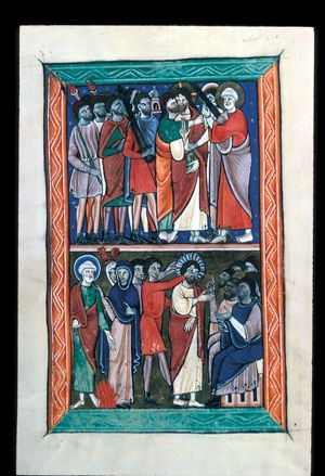 accompanied by soldiers with torches and lanterns, Judas kisses Christ, while standing behind him and putting his right hand on Christ's left shoulder; Christ turns his head back to his right, holding his right hand in front of his chest in blessing, and a book in his left; Peter cuts off the ear of Malchus, holding it with his left; Malchus turns his head backward to his left, but stretches his left hand forward, tugging at Christ's clothes.