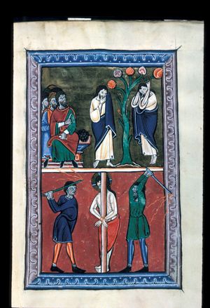 Judas walks away from the Sanhedrin with his left hand, covered, against his head and touching his beard with his right hand; the foremost of the members of the Sanhedrin sits holding a closed scroll in his left hand and with his right hand in front of his chest, making a gesture of speech(?); coins lie next to him on the bench.