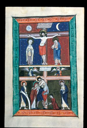 with Mary and John at either side of the cross: Mary wringing her hands; John with a book in his left hand and with his right hand against his head; sun and moon in the sky at either side of the cross to which a superscription, though not the usual one, is attached.