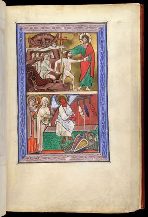 Christ, stabbing Satan, who is in fetters, with a cross, is leaving hell, of which the entrance is represented as a monstrous mouth; Christ is liberating people from hell - a monster holding people in his claws - among which Adam and Eve, who hold each other's hand; a man in the mouth of this monster stretches both hands forward to Christ.