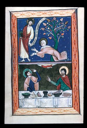 Mary Magdalen falling forward, stretching her hands to Christ, who turns his head back to his left, and holds an inscribed scroll in his left and a book in his covered right hand; a tree.