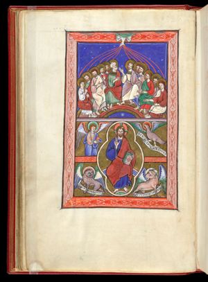 from a cloud the Holy Ghost descends upon the apostles, who make various gestures: stretching their hands forwards, or holding them in front of their chest, making gestures of speech; one is holding a closed scroll, another one a book; Peter holds his right hand in front of his chest; Paul(?) raises his right hand with the palm in front view.