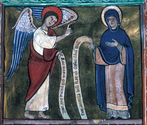 Mary, standing to the right, her left hand in front of her chest and an inscribed scroll in her right, is visited by Gabriel, holding an inscribed scroll in his left, stretching his right hand forward in a gesture of speech.