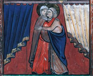 Mary and Elisabeth, both pregnant, embracing; curtains.