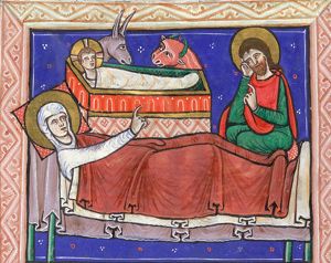 Mary reclining in bed, her right arm stretched forward in a gesture of speech; Joseph seated at her feet to the right, resting his head in his right hand, holding his left hand in front of his chest, making a speaking gesture; the Christ-child in the manger (on an altar?) - with the ox and ass - behind Mary's bed.
