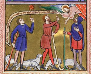 a flying angel appears from a cloud, holding an inscribed scroll in his right hand and stretching his left hand downwards; three shepherds holding shepherd's crooks; one of them raises his left hand, pointing at the Star of Bethlehem; the second one stretches his right arm forward, pointing up at the angel; the third one holds his hand in front of his chest.