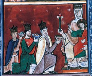 the wise men, all three kneeling - the foremost on one knee - and stretching both hands forward, holding a bowl, present their gifts to the Christ-child, who is seated on the left knee of Mary, stretching his right arm forward in blessing the Magi on his right; he holds a scroll in his left; Mary, enthroned and crowned, holds a flower in her right hand.