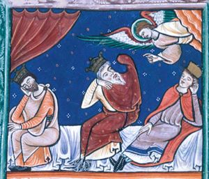 the three wise men, sitting with their head resting in their hand, two of them asleep, the third looking up with one eye, and raising his covered left hand, are warned in a dream, by a flying angel who appears from a cloud and stretches his right hand forward in speaking, not to return to Herod; curtain.