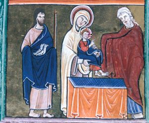 Mary, standing behind the altar, presents the Christ-child, who is stretching his right hand forward in blessing and holds a closed scroll in his left, to Simeon, who is also behind the altar, barefoot, holding both covered hands forward, reaching for it; Joseph, with doves and a candle in covered hands, follows Mary.