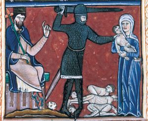 king Herod, sitting at the left - in three quarter view - with his legs crossed, holding a sceptre in his right, stretching his left forward in command, looks at the massacre; a soldier raising his sword, tears a child away from his mother.