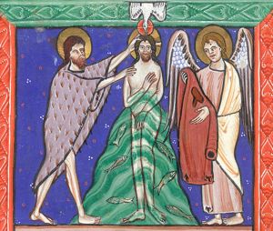 John the Baptist stands at Christ's right, touching his head and shoulder; the Holy Ghost, in the form of a dove, descends upon Christ, who holds his right hand in front of his chest; an angel holding Christ's clothes; fishes in the river.