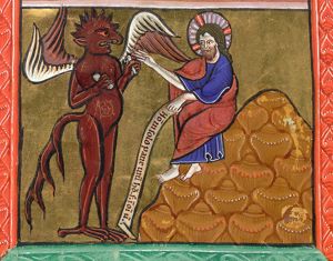 Satan, a devil in phantasy shape, holds a stone in each hand and asks Christ, who is seated, holding an inscribed scroll in his left and stretching his right hand forward, in a gesture of speech, to `command these stones to become loaves of bread'.