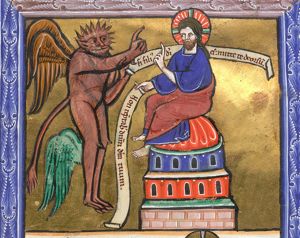 Satan - a devil in phantsy shape - with an inscribed scroll in his left hand, stretches his right arm forward in a speaking gesture, asking Christ, who sits on the roof with an inscribed scroll in his right hand, stretching his left hand forward in a speaking gesture, `throw yourself down' (from the temple).