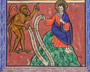 Satan, a devil in phantasy shape, with an inscribed scroll in his right hand, stretches his left hand forward in a speaking gesture, saying `all these will I give you'; Christ is seated with averted body, turning his head back to his right, holding an inscribed scroll in his right hand and makes a gesture of speech with his left in front of his chest.