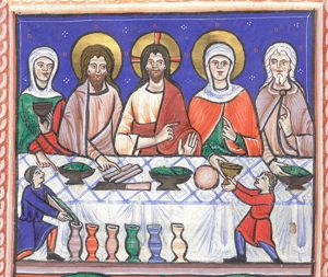 Christ - seen frontally, holding his left hand down with the palm in front view and his right hand in front of his chest making a gesture of speech - behind a table, with on his left Mary - her left hand in front of her chest in speaking gesture and receiving(?) a cup from a servant -; on Christ's right the architriclinus(?) touching a bread-roll(?) and the bride, who is holding a cup in her left hand and holds her right hand down in a pointing gesture; to Mary's left the groom holding a fish with his right and with his left hand in front of his chest, making a gesture of speech; a man pours water into one of six jars in front of the table.