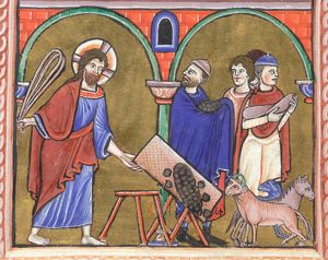 Christ, holding a whip in his right hand, and turning over a table filled with coins with his left, drives the money-changers from the temple; one of them fleeing with his money in covered hands, turning his head back to his right; a second one fleeing, carrying a bag; architectural setting; cattle.