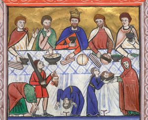king Herod Antipas, holding a cup in his right and touching a bread-roll(?) with his left, behind a table, accompanied by four men, two of whom are holding a cup; a third holds a piece of bread in front of his mouth with his right and holds a fish with his left; the fourth one slices a loaf of bread; in front of the table (conflated): the executioner, carrying a sword, brings the head of the Baptist, whose beheaded body is falling forward on the left, to Salome, who is dancing during the banquet; to the right: Salome brings the head on a dish to her mother Herodias, who receives it with both hands stretched forward.