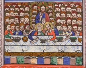 Christ, seen frontally and in the centre of the scene, with his right hand in front of his chest in blessing, and with a jeweled book in his left, is surrounded by the apostles; Peter, putting a piece of bread into his mouth and Paul, touching a cup, are in front of him; one of the other apostles touches bread-rolls(?); a crowd, in two groups of five rows, on both sides of the group of apostles: some eat bread, hold a cup or a fish.