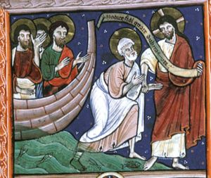 Christ, seen in front view, holding an inscribed scroll in his left hand, seizes Peter's wrist with his right (a "second left hand"); Peter walks  towards him over the water with both arms stretched forward; three apostels in a boat, raising or stretching forward their arms.