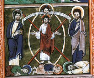 in a mandorla: Christ with his hands stretched sidewards - like an `orans' - with the palms in front view, and the Father, represented as a head with an inscribed scroll coming out of his mouth; to Christ's right: Moses, with horns and a book(?) in his covered left hand; to Christ's left: Elijah, with a  covered left hand and his right hand in front of his chest, looking  back to his right; rays of light, going out from Christ, two of which down to James  and John who lie face down as does Peter, although he turns up his head to his right; James has his hands covered.