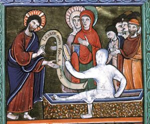 Christ, stretching both hands forward, making a speaking gesture with his right in which he also holds an inscribed scroll, to Lazarus, who sits in the sarchophagus wrapped in a shroud, stretching his right arm forward, and with his left leg outside the tomb; behind the tomb are Mary, holding a book in her covered left hand, and with her right hand in front of her chest, and Martha stretching her hand towards Christ; to the right: a man with a cap putting his right hand forward; a second man with his right hand in front of his chest, with the palm in front view.