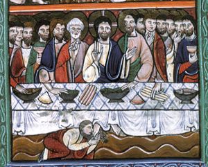 Christ, holding his left hand sidewards with the palm in front view, and his right hand in front of his chest in a gesture of blessing, is seated behind a table; Peter, to his right, holds his right hand in front of his chest, showing(?) a piece of bread; Paul(?), to his left, holds a fish; of the other apostles, two eat bread, two hold a cup and two hold a fish; one touches bread-rolls(?); a woman lies face down in front of the table, kissing Christ's foot and wiping it with her hair.