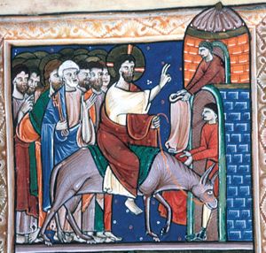 two men, one in tower and one leaving the city-gate, spread their clothes in front of Christ, who rides on the ass from left to right and stretches his right arm forward in blessing; the apostles follow Christ, led by Peter, holding a pair of keys in his right hand, raising his left with the palm in front view.