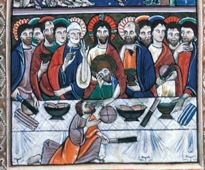 Christ, amidst the apostles behind a table, raises his right hand in blessing and reveals Judas Iscariot as the betrayer by putting a piece of bread into his mouth, while he is kneeling in front of the table - alone - holding a knife in his left and with his right hand in front of his chest; John leans against Christ's chest, resting his head in his hand; two apostles slicing bread; Peter with his hand in front of his chest showing(?) a piece of bread (~Host?); Paul(?) holds a chalice and touches his beard, as does one of the others, whereas still another one holds a cup; bread-rolls(?) on the table.