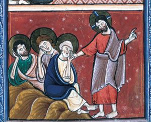 Christ, with his left sidewards in pointing(?) gesture, with his right hand gripping the left hand of Peter, in which he is resting his head while sleeping; James and John also sleeping with their head resting against their hand.