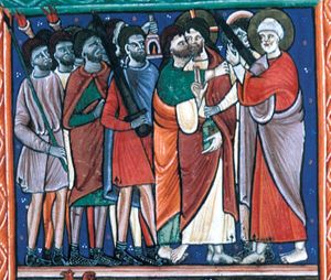 accompanied by soldiers with torches and lanterns, Judas kisses Christ, while standing behind him and putting his right hand on Christ's left shoulder; Christ turns his head back to his right, holding his right hand in front of his chest in blessing, and a book in his left; Peter cuts off the ear of Malchus, holding it with his left; Malchus turns his head backward to his left, but stretches his left hand forward, tugging at Christ's clothes.