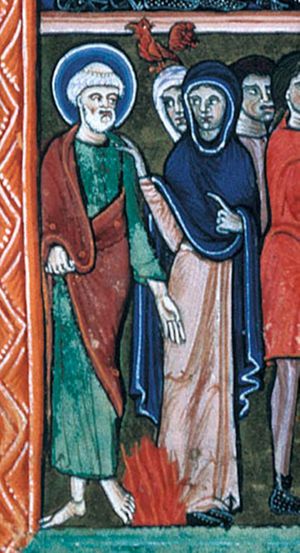 Peter, holding his left hand down and a with closed scroll in his left, stands before the girlservant, who places her right hand on his shoulder, holding her left in front of her in a gesture of speech; a second girl behind her; they stand round a fire; the cock behind them.