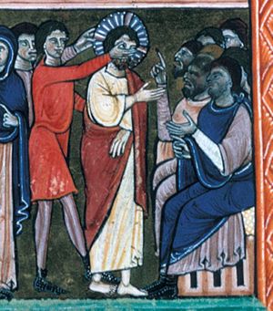 Christ, stretching his right arm forward in a gesture of speech(?), is brought before the Sanhedrin; one soldier hits him in the face, another one seizes(?) the nimbus with out-stretched left hand; Caiaphas and Annas, on a bench, raise and stretch forward their hands in gestures of speech; behind them some other members of the Sanhedrin(?).