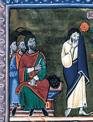 Judas walks away from the Sanhedrin with his left hand, covered, against his head and touching his beard with his right hand; the foremost of the members of the Sanhedrin sits holding a closed scroll in his left hand and with his right hand in front of his chest, making a gesture of speech(?); coins lie next to him on the bench.