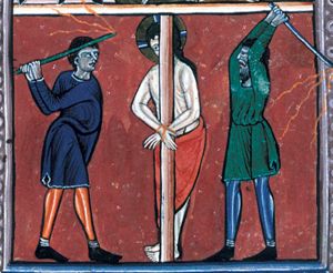 two men flog Christ, tied to a column with bare torso, while standing behind it, but with his hands crossed tied together in front of it.