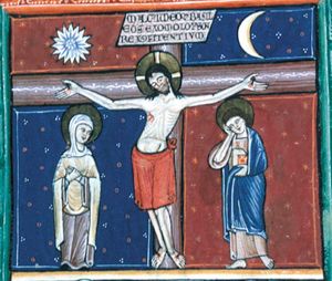 with Mary and John at either side of the cross: Mary wringing her hands; John with a book in his left hand and with his right hand against his head; sun and moon in the sky at either side of the cross to which a superscription, though not the usual one, is attached.