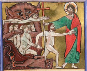 Christ, stabbing Satan, who is in fetters, with a cross, is leaving hell, of which the entrance is represented as a monstrous mouth; Christ is liberating people from hell - a monster holding people in his claws - among which Adam and Eve, who hold each other's hand; a man in the mouth of this monster stretches both hands forward to Christ.