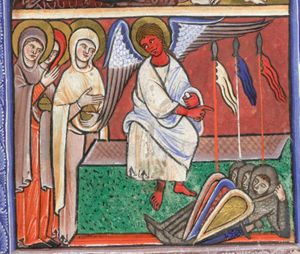 the angel turns his head back to his right, stretches his right hand forward, pointing at the empty tomb, and holds a closed scroll in his left, while addressing the holy women; two of the Mary's can be seen holding ointment-jars, one with a covered hand; they stretch their right hand forward in a gestrue of speech; three sleeping soldiers in front of the tomb.