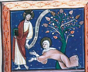 Mary Magdalen falling forward, stretching her hands to Christ, who turns his head back to his left, and holds an inscribed scroll in his left and a book in his covered right hand; a tree.
