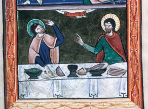 Cleopas and Peter look upwards at the vanishing Christ, of whom only the feet are still visible in heaven; one of them raises his left hand and touches a bread-roll(?) with his right; the other one holds a fish in his left and stretches his right forward, pointing upwards.