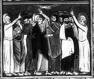 Christ is almost vanished, only his feet remain visible in a cloud; the apostles make various gesture: Peter, in the centre, looks up and raises his left hand with the palm in front view; another one stretches his left hand forward, touching Peter's clothes: two angels - men looking like Peter, dressed in white clothes - are flanking the group of apostles, raise a hand, pointing upwards; one apostle holds (supports) the arm of one of them.