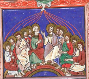 from a cloud the Holy Ghost descends upon the apostles, who make various gestures: stretching their hands forwards, or holding them in front of their chest, making gestures of speech; one is holding a closed scroll, another one a book; Peter holds his right hand in front of his chest; Paul(?) raises his right hand with the palm in front view.